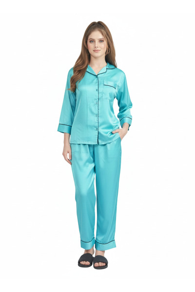 RIZQE Aquamarine Dream Satin Nightsuit |Luxe Rizqé by Zadine Teal Blue Pyjama...