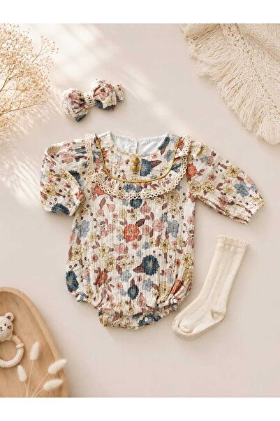 PofudukButik Pofuduk Butik Vintage Çiçekli Bebek Romper - Bandana ve Çorap Ko...