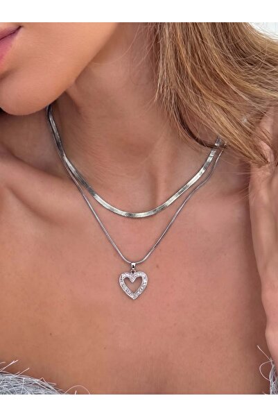 Eylülün Takısı Women's Silver Color Stone Heart 2-Piece Steel Necklace