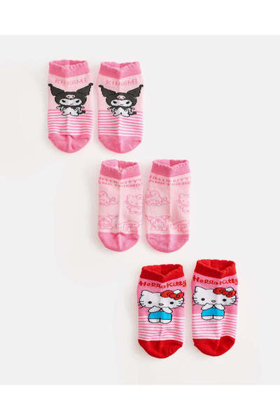 REDTAG Girls Pink Hello Kitty and Kuromi 3-Pack Ankle Socks