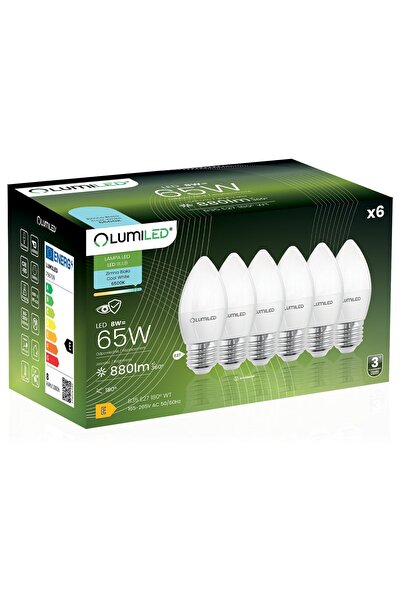 Lumiled 6x Bec LED E27 tip lumânare B35 8W = 65W 880lm 6500K Rece 180 °