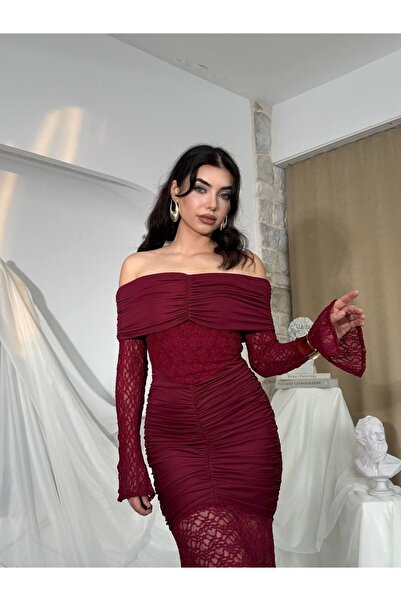 Clothes Fast Γυναικείο μπορντό φόρεμα με λαιμόκοψη σκάφος, δαντελωτή λεπτομέρ...