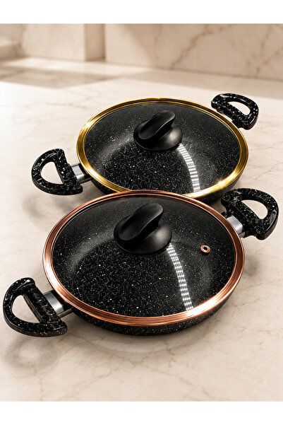 Rivorn 2-Piece Economical 18 Cm+20 cm Gold-Bronze Granite Pan Set with Glass Lid