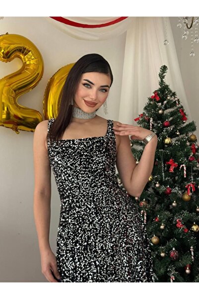 Clothes Fast Γυναικείο φόρεμα για εκδηλώσεις με μαύρες παγιέτες, τετράγωνο λα...