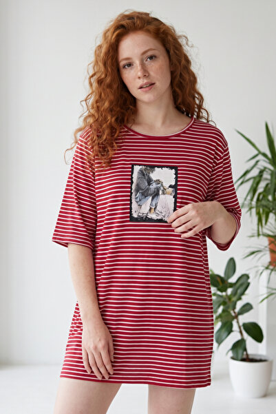 OEM Tricou supradimensionat de damă, în dungi, cu imprimeu frontal, mânecă tr...