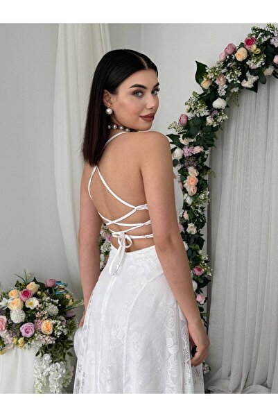 Moda Days Rochie lungă de seară din dantelă, cu bretele ecru, cu guler pătrat...