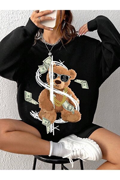 JENOLAN Women's Dollar Bear Printed Crew Neck Unisex Black Oversize Sweatshirt