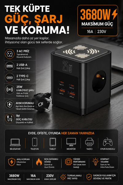 Kılıforyum PS-19 3'lü Akım Korumalı Priz 3680W 25W Hızlı Şarj 2 USB + 2 Type-...