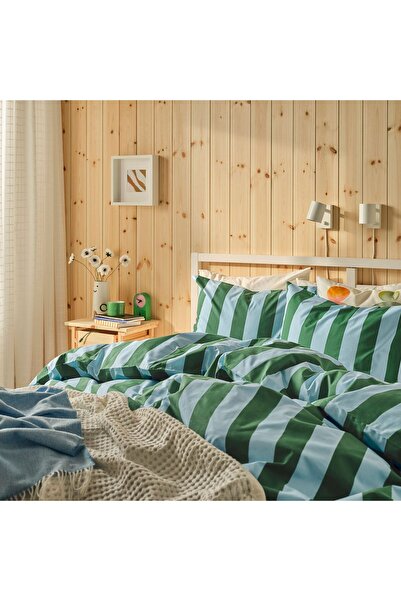 IKEA Double Duvet Cover Set, Light Blue-Dark Green-Striped, 240X220/50X60 cm