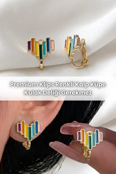 Elifsu Jewelry أقراط على شكل قلب ملونة فاخرة لا تتطلب ثقبًا في الأذن