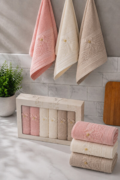İz Home 6lı Fiyonk Dantel Detaylı Kutulu Mutfak Havlusu Seti | %100 Pamuk | 30x50 CM | Hediyelik - Çeyizlik | Pembe Bej Kahve | Orkidem