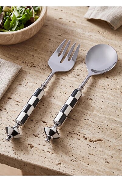 The Mia Gingham Salad Serving Set Black and White 2 Pieces