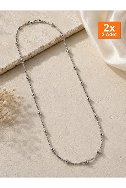 Bozhi Silver Color Ball Detailed Chain Necklace 45 cm Minimal Design Steel