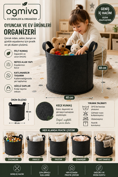 OgMiva Keçe Oyuncak Sepeti 40x48 cm Çok Amaçlı Ev Organizeri Çamaşır Sepeti D...