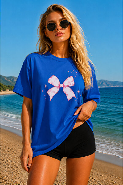 FECCY Premium Ροζ Κουρντάλι Τυπωμένο Oversize Γυναικείο T-Shirt Βαμβακερό Ove...