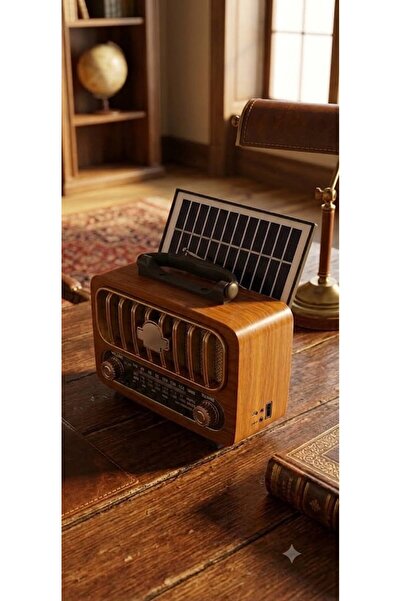 HMO Store Solar Şarjlı Retro Ahşap Radyo – Bluetooth, Powerbank, USB/TF MP3 Ç...