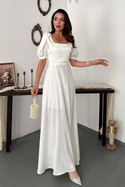 Moda Days Women's Ecru Satin Square Neck Balloon Sleeve Waist Detailed Slit M...