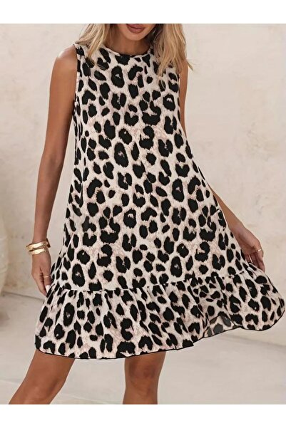 VELİZADE Women's Crew Neck Sleeveless Backless Bow Detail Ruffle Leopard Prin...