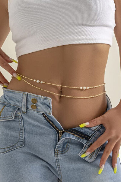 VeeShop Set de doua lanturi de talie, siraguri de margelute aurii si perle