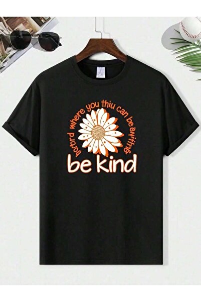 25W قميص نسائي بطبعة Be Kind Daisy - أسود مع حروف برتقالية وتصميم زهور بيضاء،...