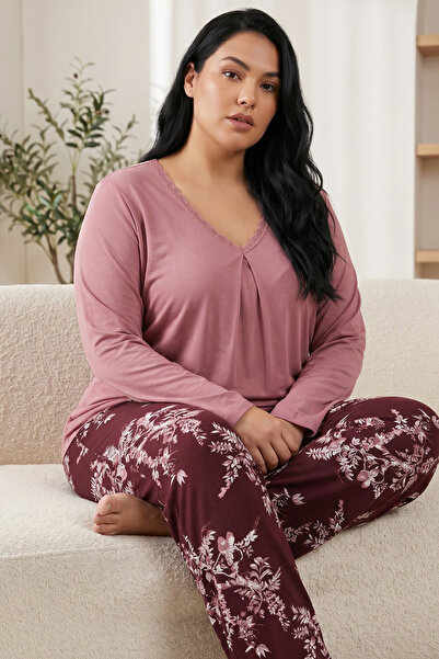 Siyah İnci Dried Rose Patterned Cotton Lycra Large Size Oversized Knitted Paj...