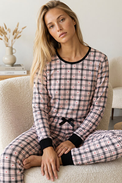 Siyah İnci Plaid Patterned Cotton Lycra Crew Neck Knitted Pajama Set26240282