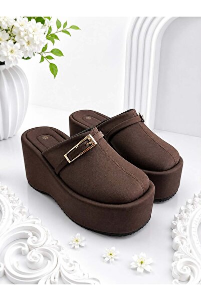 dabab shoes Nara Women's Bitter Brown Warm Fur Gold Buckle Closed Toe Wedge H...
