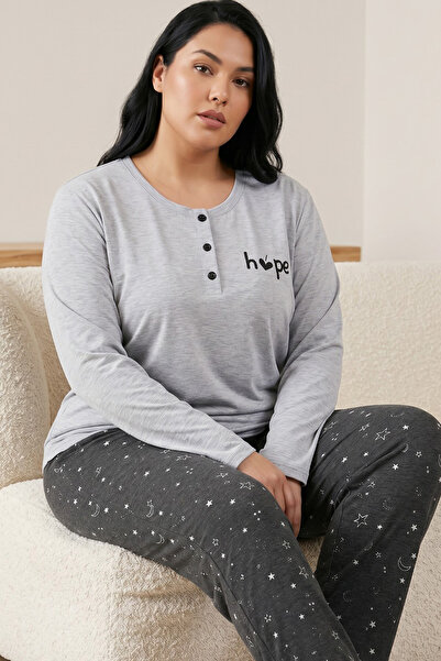Siyah İnci Gray Melange Buttoned Lycra Large Size Oversized Knitted Pajama Se...