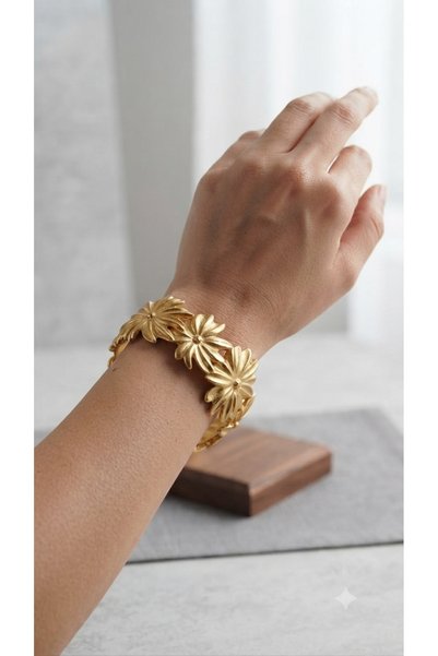Bymiel Women's Gold Color Large Flower Figured Steel Bracelet with Stone Detail