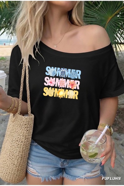 FUFLUNS Colorful Summer Printed Oversized Women's Boat Neck T-Shirt