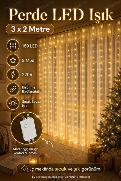 PASACO Perde LED Işık 3x2 Metre 160 LED Gün Işığı 8 Mod 220V Birleştirilebili...