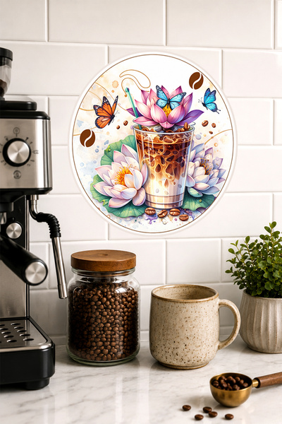 Mayeka Decor de perete rotund din MDF cu tematică florală, cafea cu gheață și...