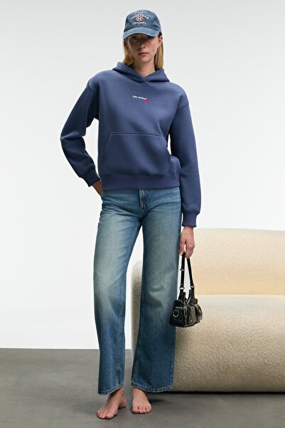 ETHIQUET MELUREA Kadın Nakışlı Kapüşonlu Comfort Fit Koyu Mavi Sweatshirt