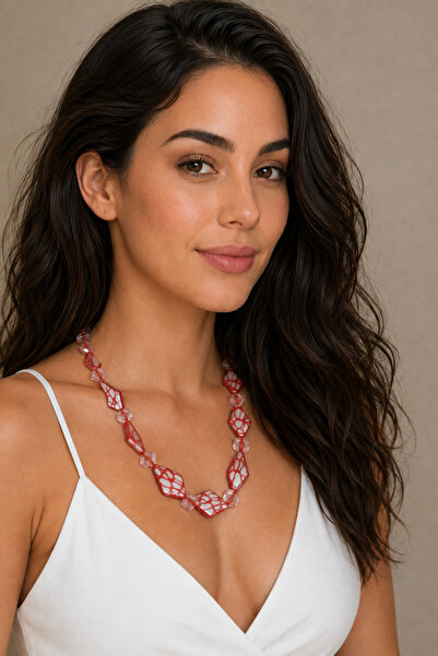 COCOSH TAKI Red Silver Color Beaded Special Design Stylish Necklace