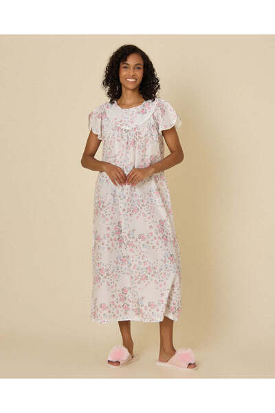 REDTAG Women White Floral Print Flutter Sleeve Nightgown