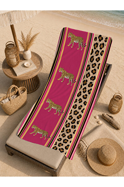 Evmila Prosop de plajă 70x150 cu model Safari Fuchsia Leopard Border Tiger - ...