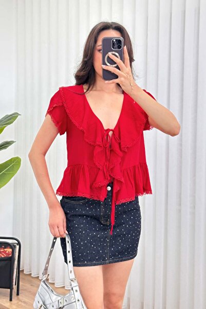 Clothes Fast Women's Red Lace Detailed Tie-Up V-Neck Flounce Peplum Blouse