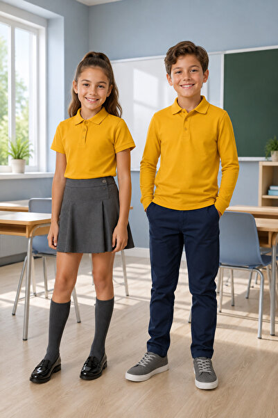 QKK Children's Unisex Mustard 2-Piece Polo Collar School T-Shirt Set Short Sl...