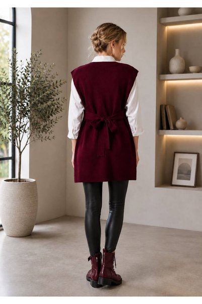 DTBUTİK Women's V-Neck Sweater with Belted Waist