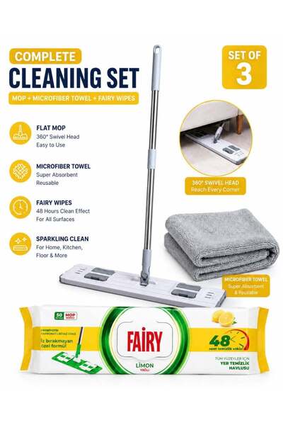 Fairy 3 in 1 Flat Mop Cleaning Set with Microfiber Towel & Lemon 50 Floor Wip...