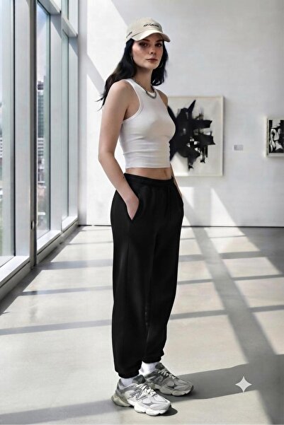 CAST COLLECTİON Women's Black Summer Elastic Waist Sweatpants