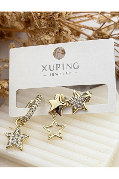 XUPING JEWELRY ZİRKON TAŞLI 14K RENGİ YILDIZ 3LÜ ÇELİK KÜPE SETİ