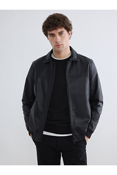 LC Waikiki Black Regular Fit Men's Leather Look Jacket