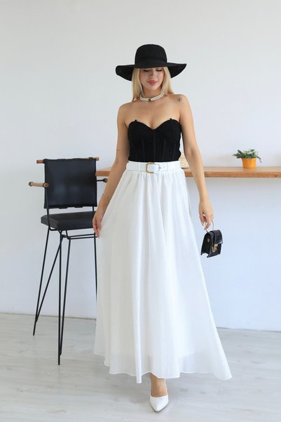 sahraozluk Belted Elastic Waist Flared Skirt White
