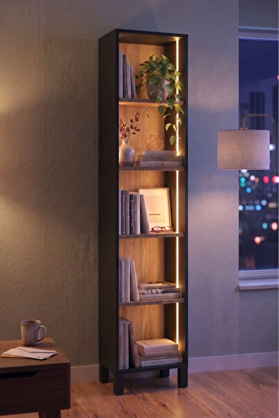 Yurudesign Yoda 5 Raflı Neon Led Işıklı Dar Alan Kitaplık Ahşap Ayaklı Sepet-...