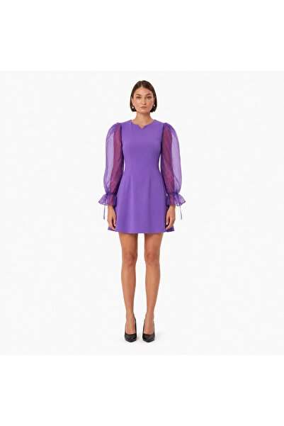 ESİN BUTİK GİYİM Kadın Mor Organza Tül Kollu Mini Elbise