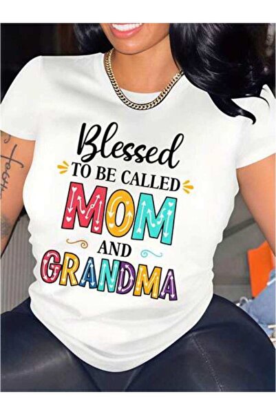 23ERVA Blessed Grandma, Women's Colorful Text Design, Pure Cotton T-Shirt, Ev...