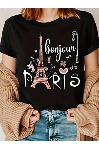 23ERVA Paris, Women's Eiffel Tower Bonjour Paris Design, Pure Cotton T-Shirt,...