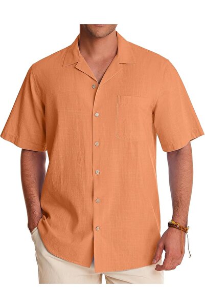 GENERAL Men's Hawaiian Linen Shirt Short Sleeve Button down Cuban Collar Cott...