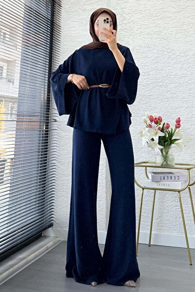 MELEK ARAZ Premium Kayık Collar Spanish Style Linen Trousers Set - Navy Blue